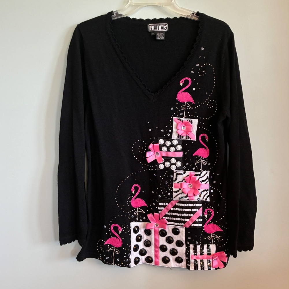 90s Berek Flamingo Sweater Women Medium Black Pink Embellished Whimsical Kitschy